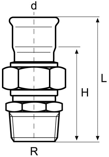 Technical drawing of a threaded fitting with dimensions labeled