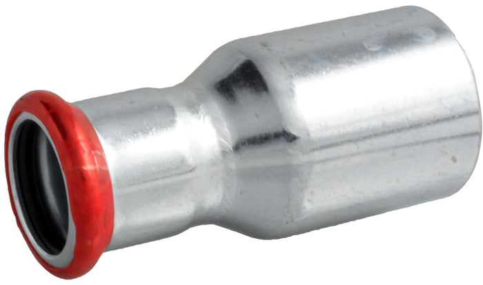 Airenergy Dev carbon steel reducing coupling with spigot and adaptor, 22mm to 15mm diameter, used for pipe connections.