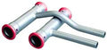 Metallic exhaust pipes with red accents on a white background