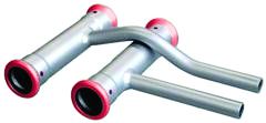 Metallic exhaust pipes with red accents on a white background