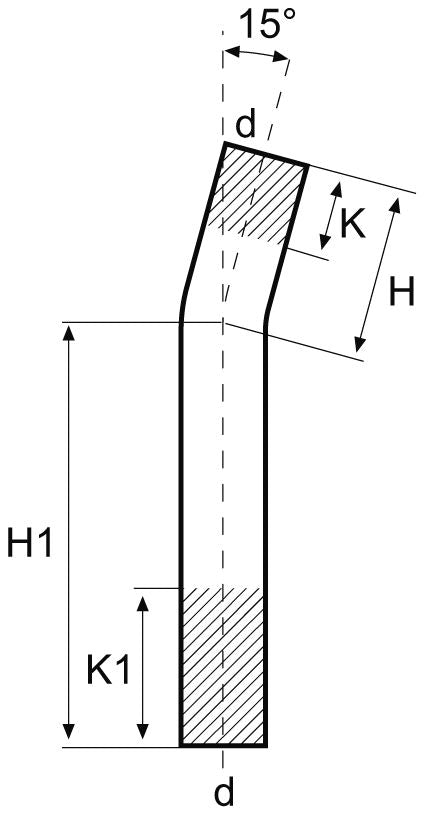 Technical drawing of a mechanical component with dimensions and angles labeled