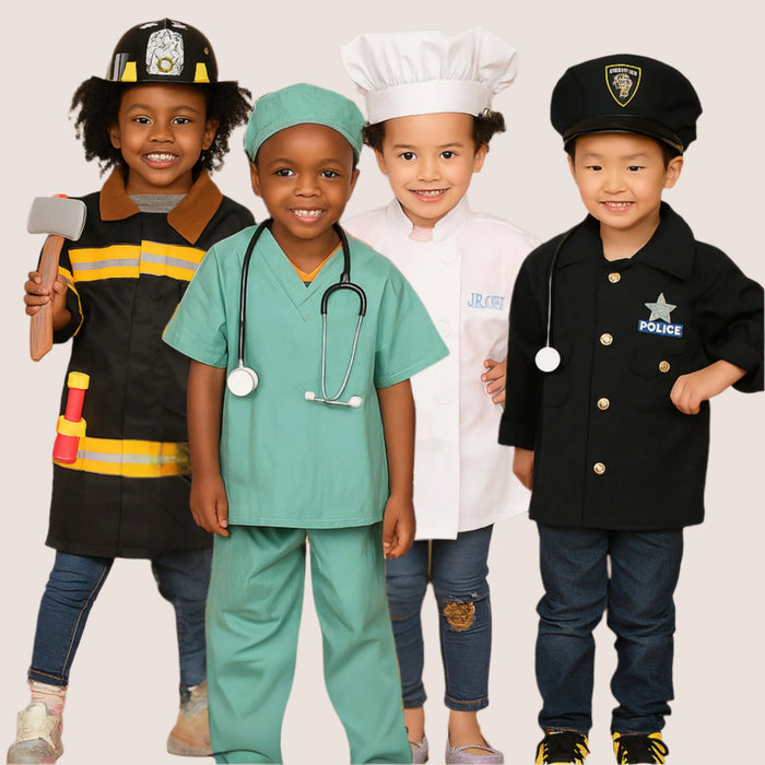 Four children in costumes of a firefighter, doctor, chef, and police officer standing together.