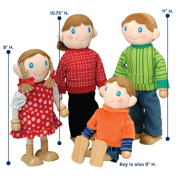 Four wooden dolls with different outfits and heights, shown with measurement indicators.