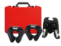 Set of black mechanical components with a red case on a white background