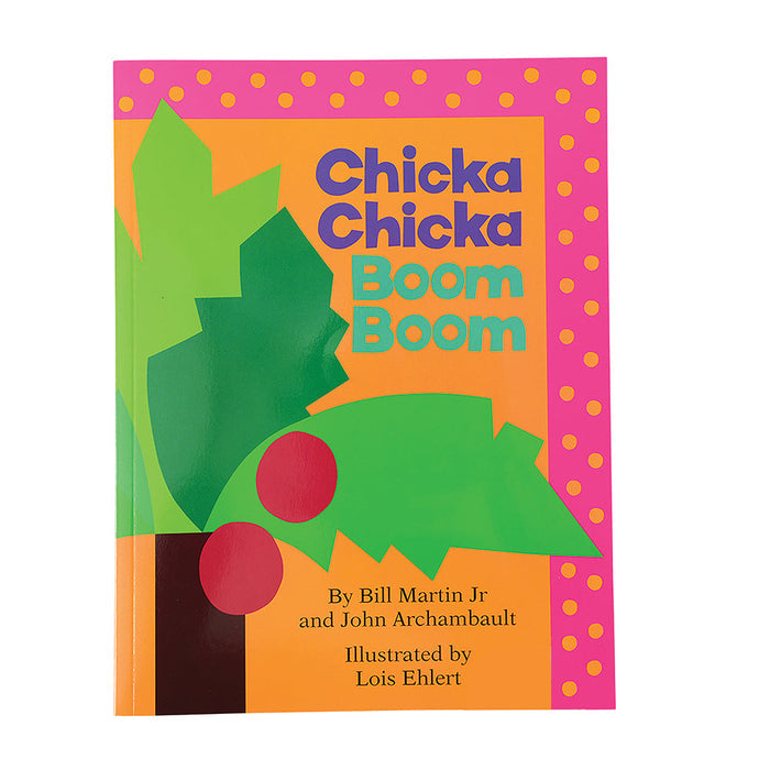 A cover of the 'Chicka Chicka Boom Boom' book showing the title in colorful lettering, part of a green tree illustration, and the names of the authors and illustrator.