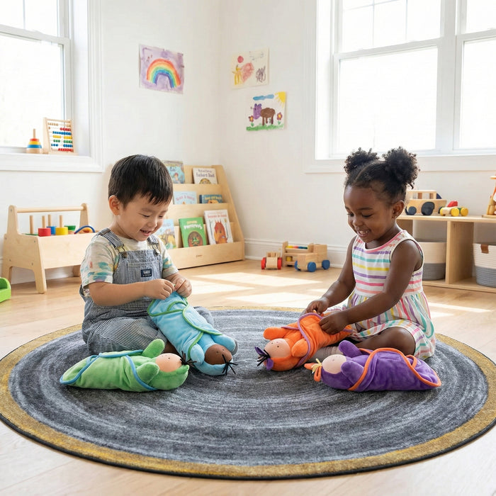 Two children playing with colorful plush toys on a round rug in a bright room.