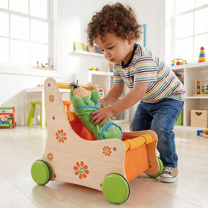 Child playing with a toy walker in a bright room with shelves of toys.