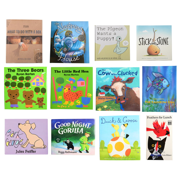 Collection of children's books with various titles and illustrations on a white background