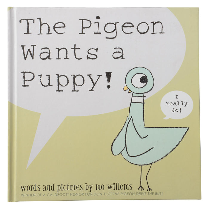 Book cover of 'The Pigeon Wants a Puppy!' with a pigeon illustration and text.