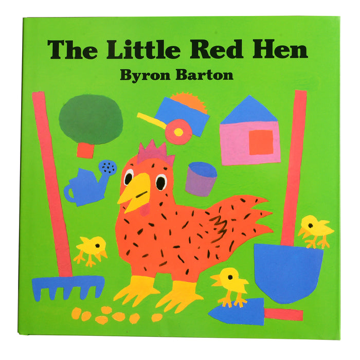 Book cover of 'The Little Red Hen' by Byron Barton with colorful illustrations on a green background.