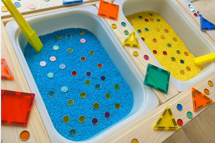Colorful sand table with blue sand, toys, and a yellow scoop.