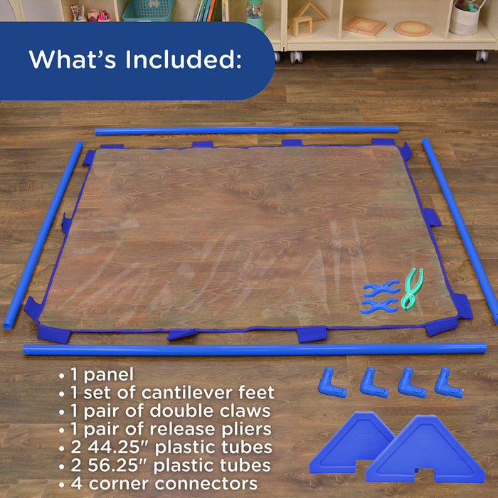 Clear panel with blue connectors and tools on a wooden floor, with text listing included items.