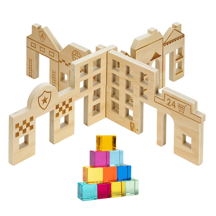 Color & Light Town Builder Set | Wooden Dividers with Gem Cubes