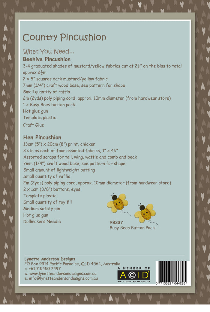 Country Pincushions by Lynette Anderson Pattern Back
