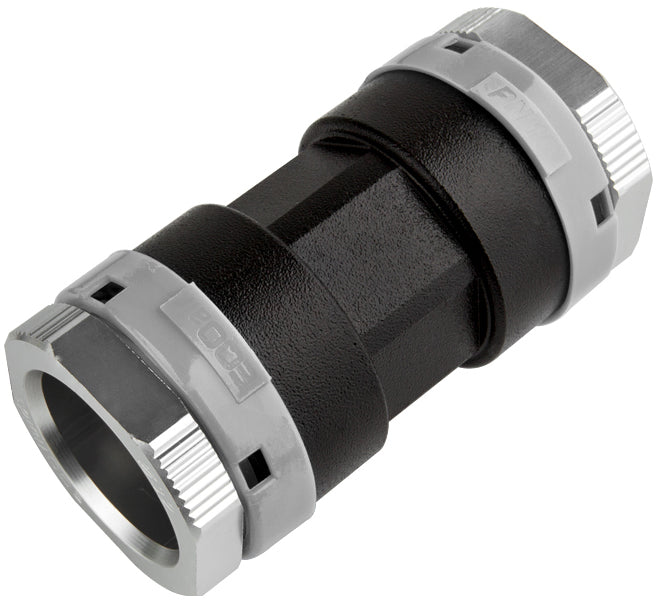 Black and gray cable connector on a white background