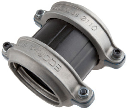 Metallic pipe fitting with branding on a white background
