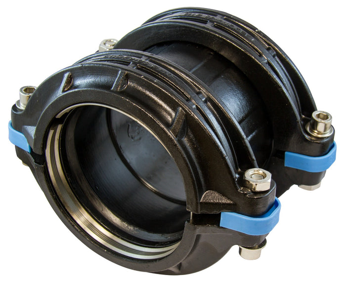 Black and blue pipe fitting on a white background