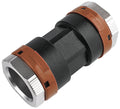 Mechanical fitting with black, brown, and silver colors on a white background