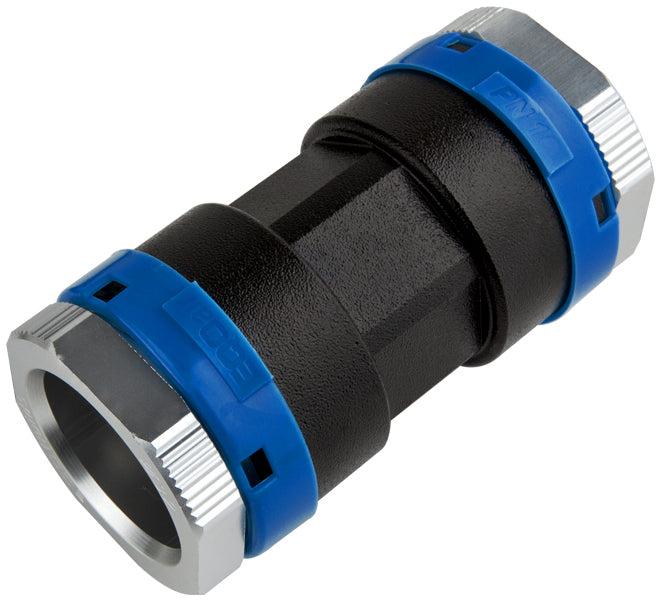 Plumbing fitting with black, blue, and silver colors on a white background