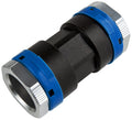 Plumbing fitting with black, blue, and silver colors on a white background