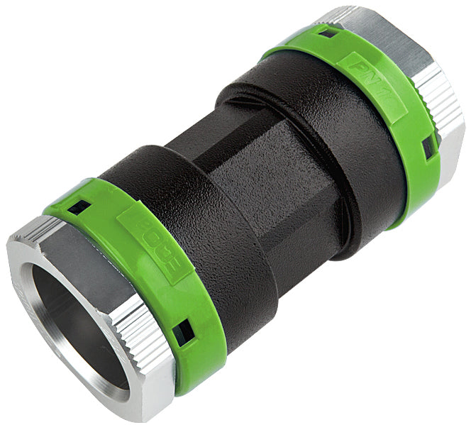 Black and green hose connector on a white background