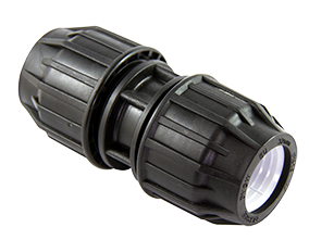 Airenergy Dev 20mm compression pipe coupling connecting two metal pipes, used for plumbing and fluid systems.