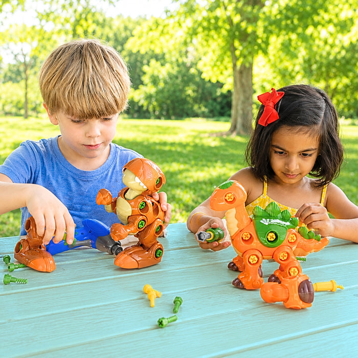 Create-A-Dino Construction Play Set | Build & Roll T-Rex and Stegosaurus with Tools