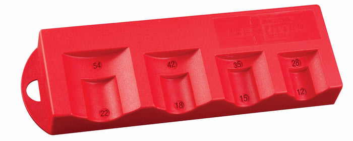 Red plastic tool with multiple compartments and measurements on a white background