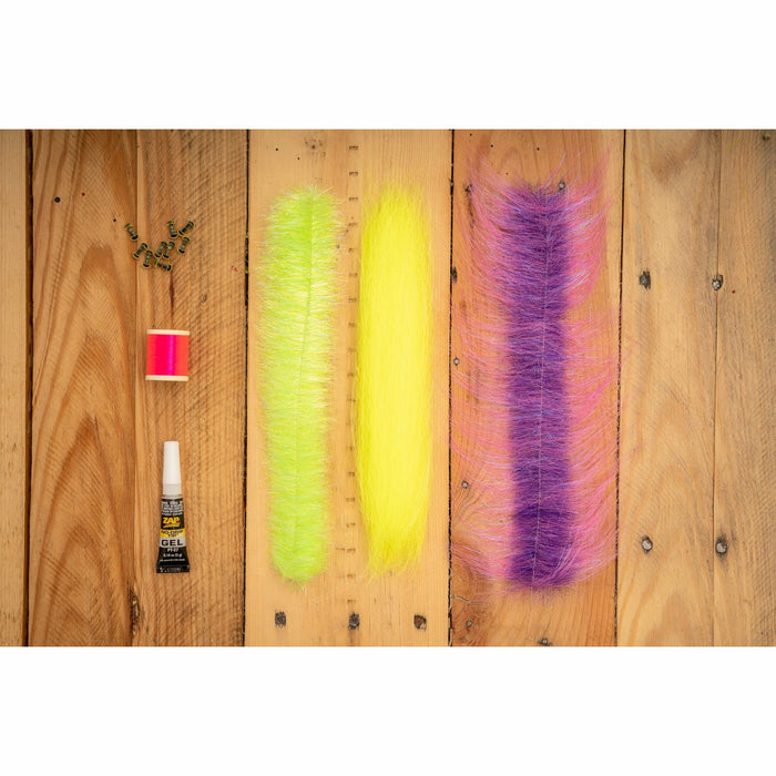 DL3 Minnow DIY kit materials including neon fibers and glue