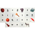 Alphabet tiles with letters and corresponding images on a white background