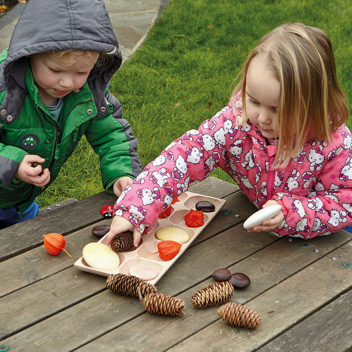 Two Kids Using Wooden 10-Frame Math Tray for Outdoor Exploration