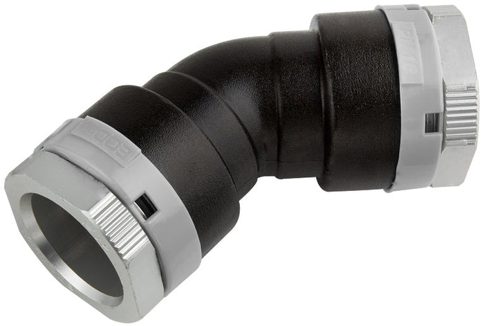 Plumbing fitting with black and gray components on a white background