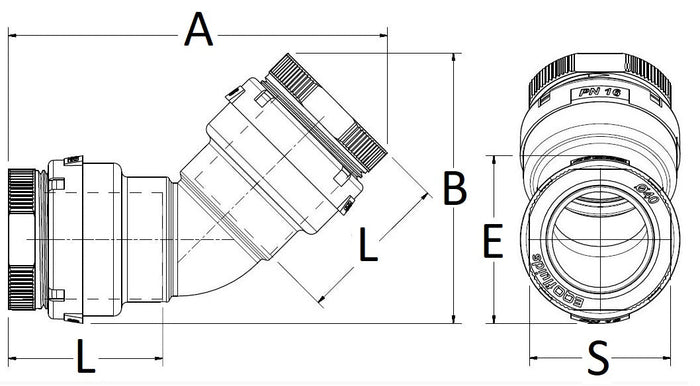 Technical drawing of a plumbing fitting with dimensions labeled