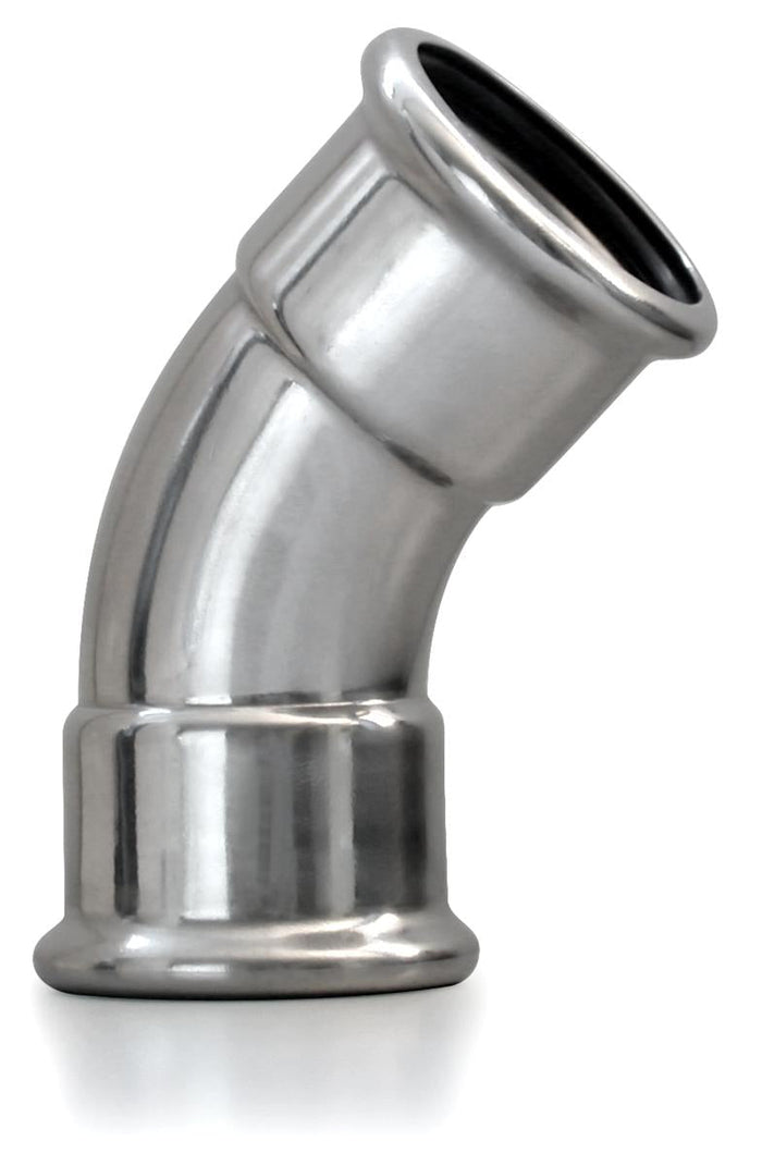 304 stainless steel 45° elbow fitting from Airenergy Dev, used in plumbing and piping systems.