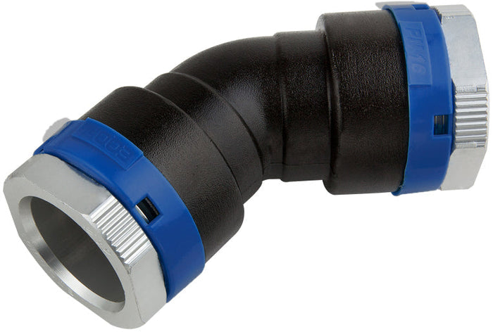 PVC fitting with blue and silver accents on a white background