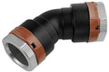 Plumbing fitting with black, brown, and silver colors on a white background