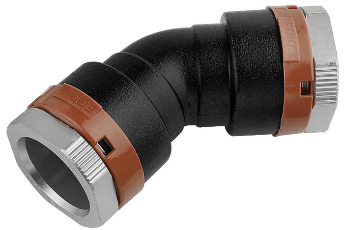 Plumbing fitting with black, brown, and silver colors on a white background
