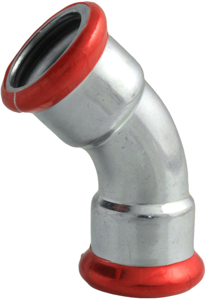 Airenergy Dev Europress carbon steel 45° elbow fitting with 1.2d radius, 15mm diameter for plumbing and pipe systems.
