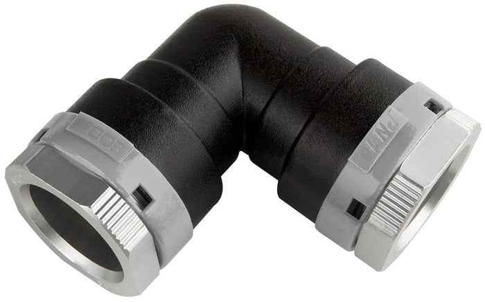 Black and silver elbow pipe fitting on a white background
