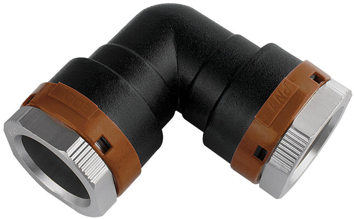 Black and brown elbow pipe fitting on a white background