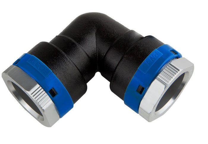Black and blue elbow pipe fitting on a white background