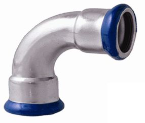 Metal pipe fitting with blue compression rings on a white background