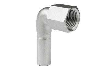 Elbow 90° spigot with female thread by Airenergy Dev, 15mm x 1/2" FBSP, made of stainless steel for plumbing connections.