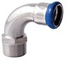 Airenergy Dev 90° elbow fitting with male thread, 15mm x 1/2 inch MBSP, made of stainless steel for plumbing applications.