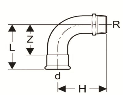 Airenergy Dev 90° elbow with male thread, 15mm x 1/2" MBSP, stainless steel fitting for plumbing or fluid systems.