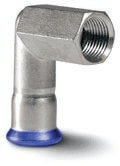 Airenergy Dev 90° elbow adaptor with female thread, 15mm x 1/2" FBSP, stainless steel pipe fitting with female threaded end.