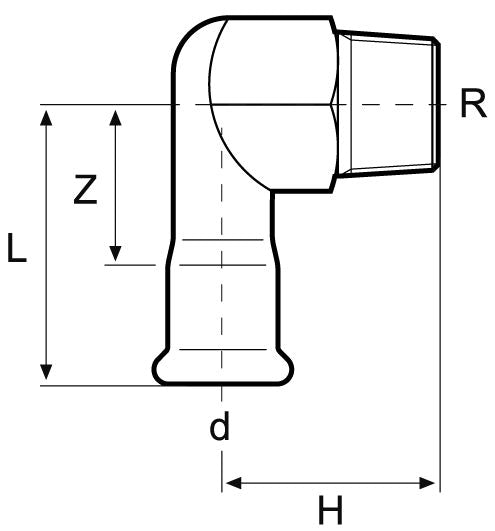 Airenergy Dev 90° elbow adaptor with male thread, 15mm x 1/2" BSP, made of stainless steel for plumbing connections.