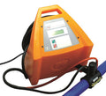 Orange electronic device with a digital display and hose attachment on a white background