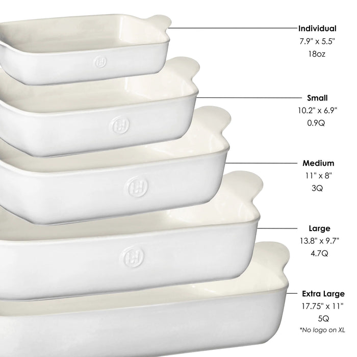 Emile Henry Modern Classics Rectangular Medium Baker in Sugar size comparison on a white background at Addison West