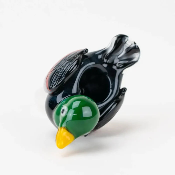 Empire Glassworks glossy black glass duck bowl piece with green head